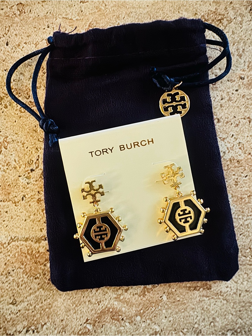 Tory Burch Gold Hexagon Drop Earrings - Black Enamel Accents NWT, DUSTY!!!